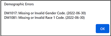 Pop-up showing validation errors